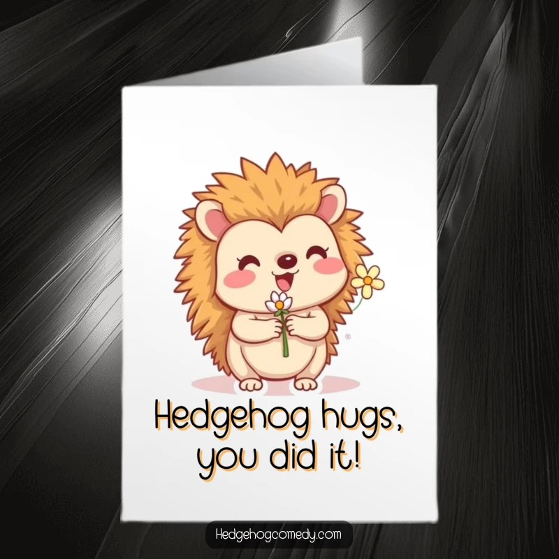 Funny Free Printable Congratulations Card showing a happy hedgehog offering a tiny flower for good news.
