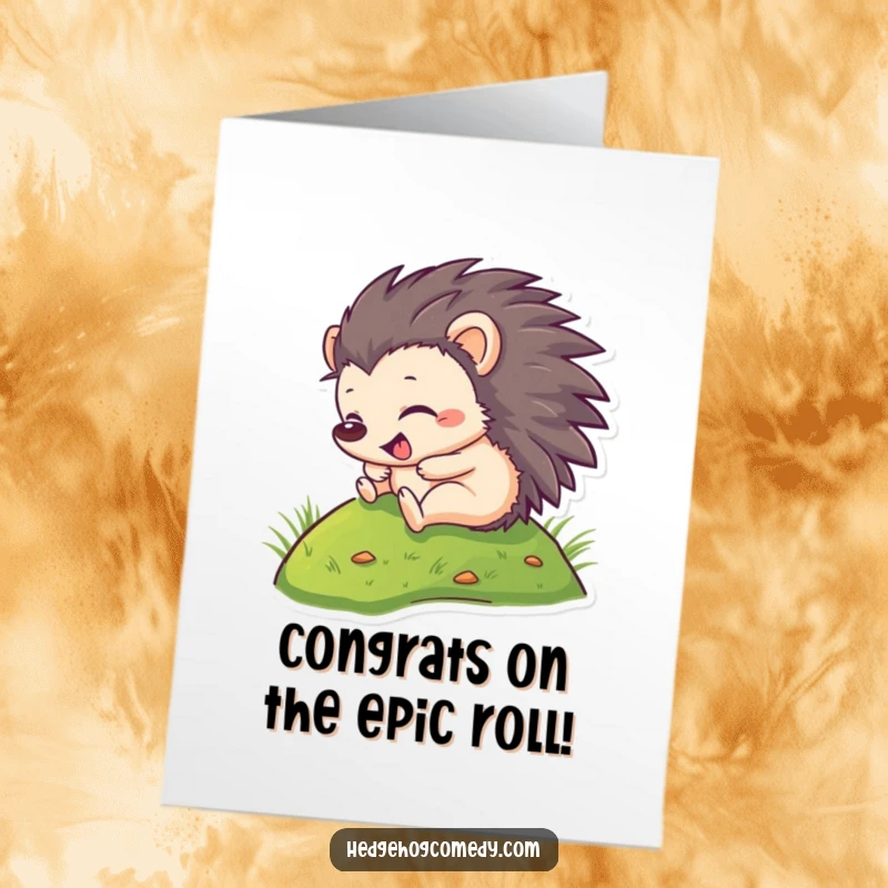 Funny Free Printable Congratulations Card: A joyful hedgehog rolling down a grassy hill, celebrating a big win with pure glee.