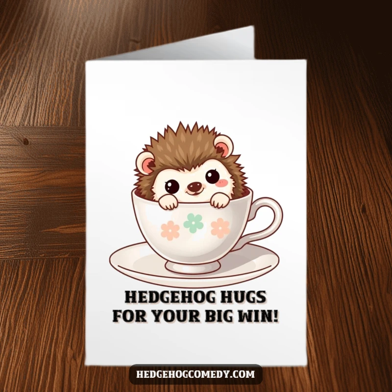Funny Free Printable Congrats Card: Kawaii hedgehog shyly peeking from a teacup, celebrating success.