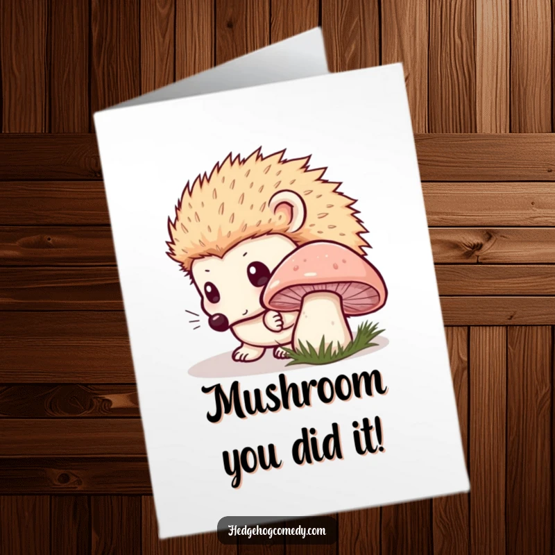 Funny Free Printable Congrats Card: Kawaii hedgehog curiously sniffing mushroom, innocent eyes, great DIY gift.