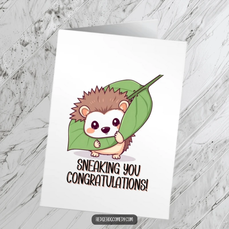 Funny Free Printable Congratulations Card of a mischievous hedgehog peeking from behind a leaf, celebrating a clever achievement.