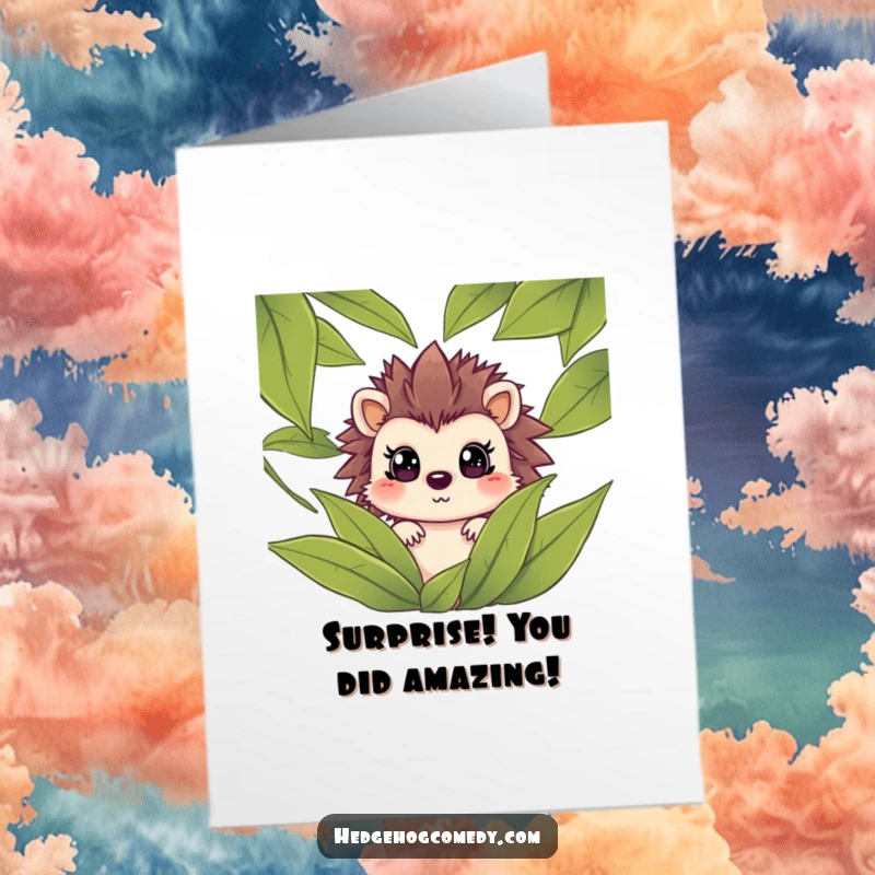Funny Free Printable Congratulations Card with a startled hedgehog peeking from leaves, perfect for celebrating achievements with humor.