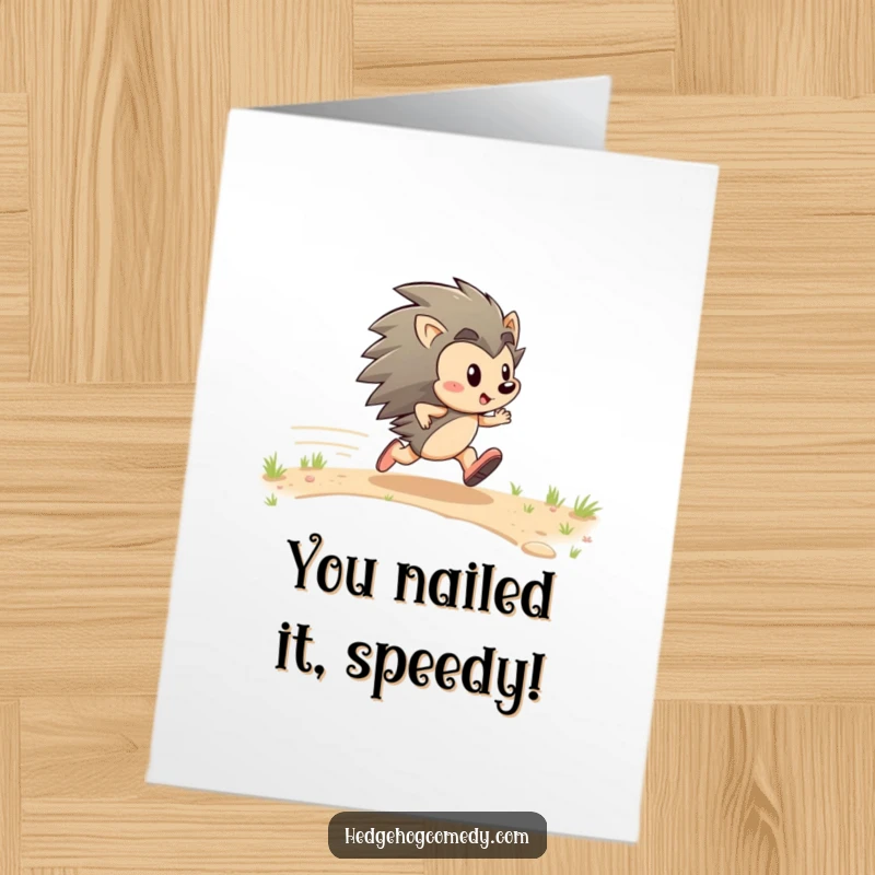 Funny Free Printable Congratulations Card: An energetic hedgehog zips with determined glee, celebrating a victory.