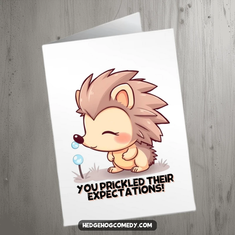 Funny Free Printable Congratulations Card: Adorable hedgehog peering with intrigue at a shimmering dewdrop, celebrating an achievement.