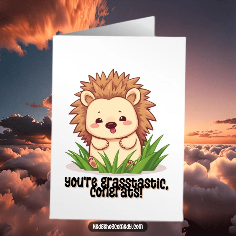 Funny Free Printable Congratulations Card showing a happy hedgehog waddling through grass, symbolizing progress and cheerful journeys.