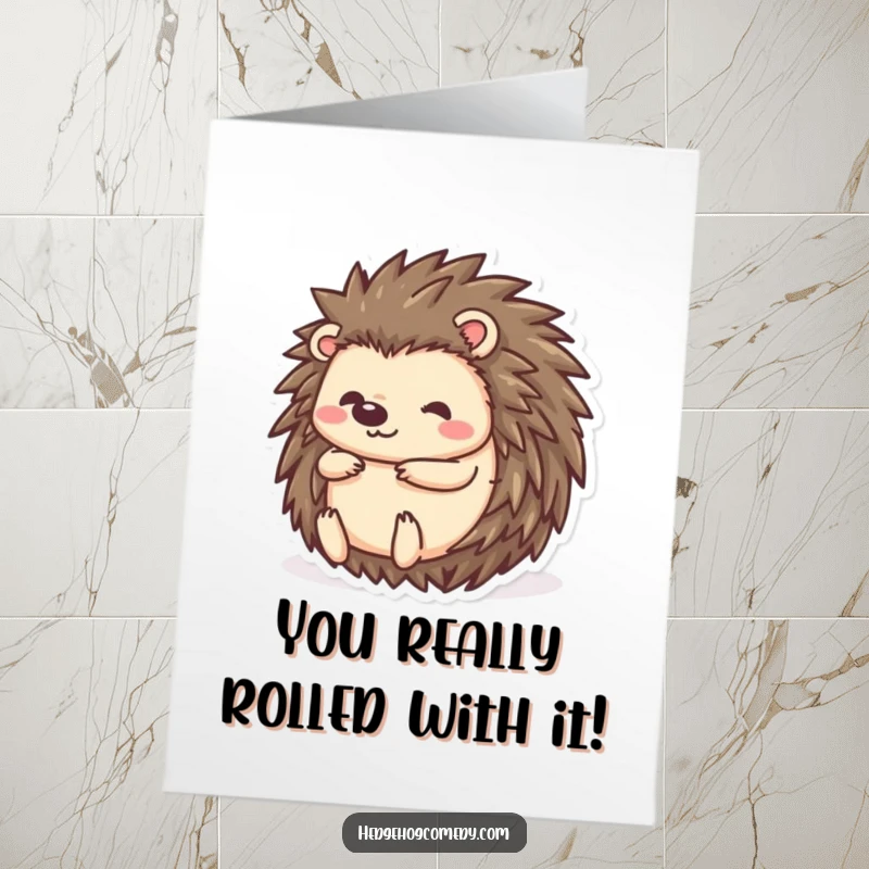 Funny Free Printable Congratulations Card: Kawaii hedgehog character blissfully rolling into a ball, cheering on success with pure joy.