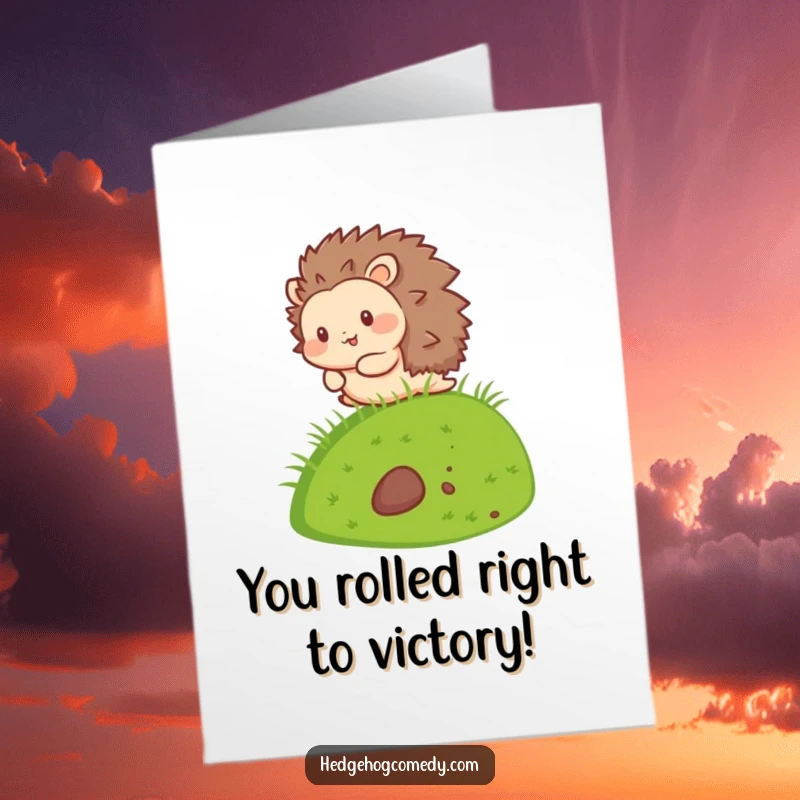 Funny Free Printable Congratulations Card: A kawaii hedgehog gleefully rolling down a hill, celebrating your big achievement.