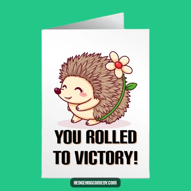 Free Printable Congrats Card: Rolling Hedgehog Flower Funny Downloadable Celebration Gift