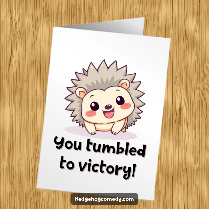 Funny Free Printable congratulations card showing a kawaii hedgehog with a big smile tumbling playfully, full of glee and excitement, a high-energy design.