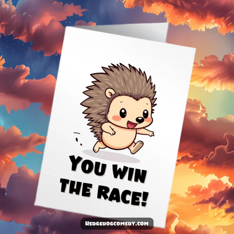 Funny Free Printable Congrats Card: Kawaii hedgehog racing with all its might, legs moving in a determined stride.
