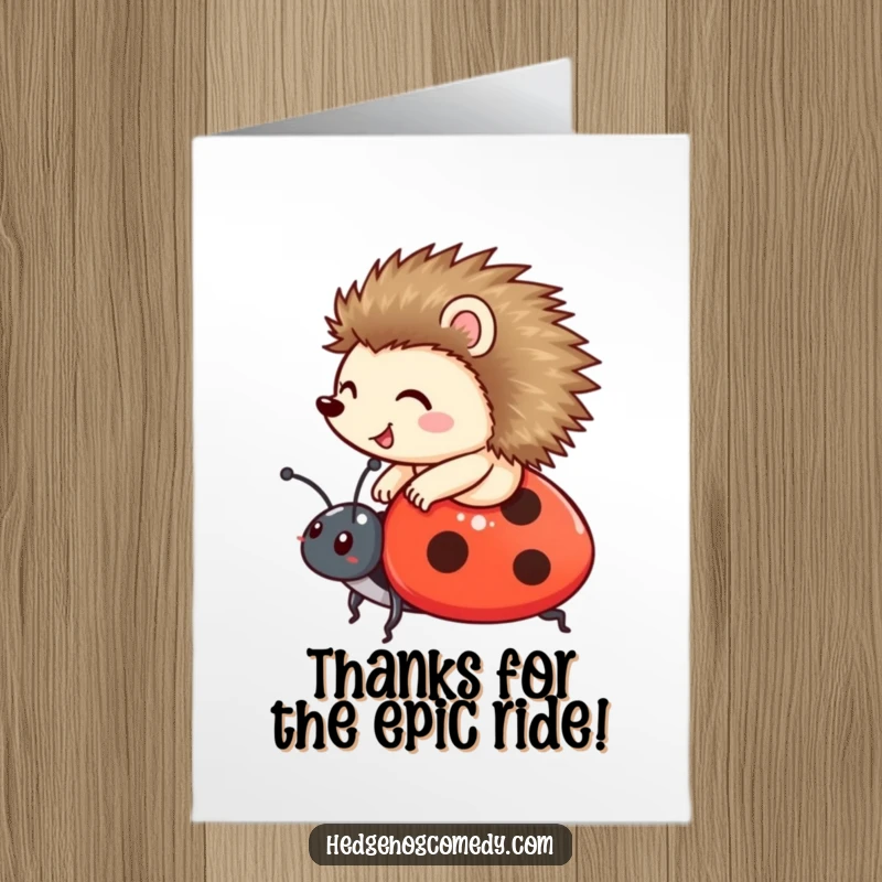 Cute Free Printable Thank You Card featuring a happy hedgehog riding a friendly ladybug, symbolizing a grateful journey.