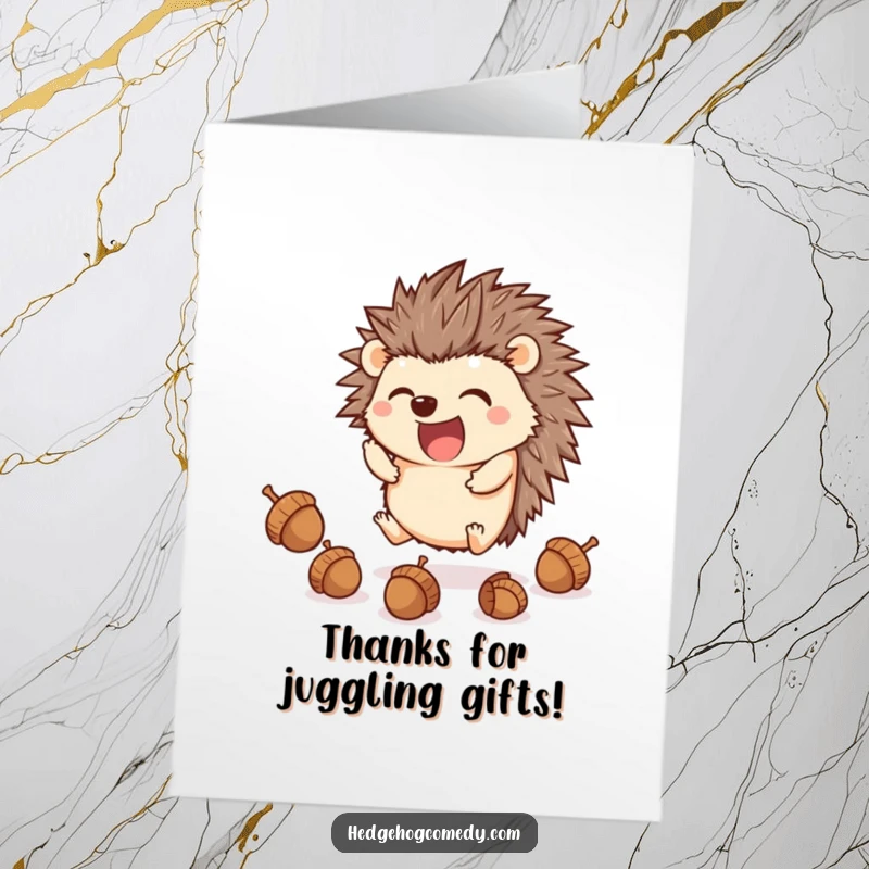 Funny Free Printable Thank You Card: A kawaii hedgehog masterfully juggling acorns with its feet, showing thanks.