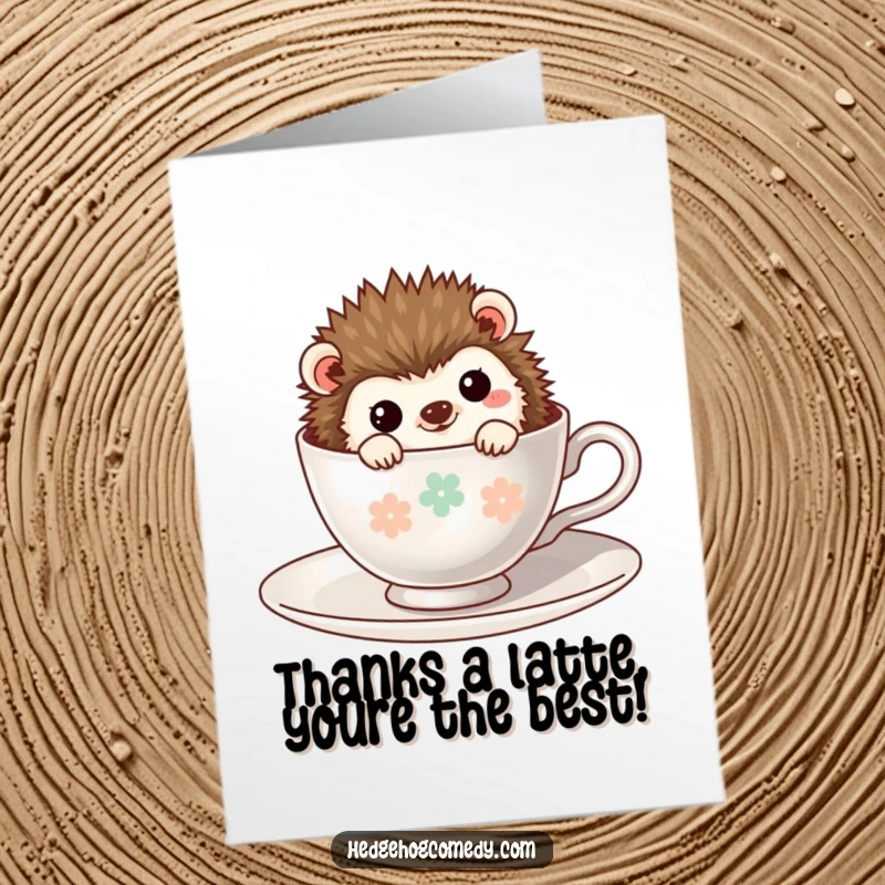 Funny Free Printable Thank You Card: Kawaii hedgehog peeking shyly from a teacup, offering thanks.