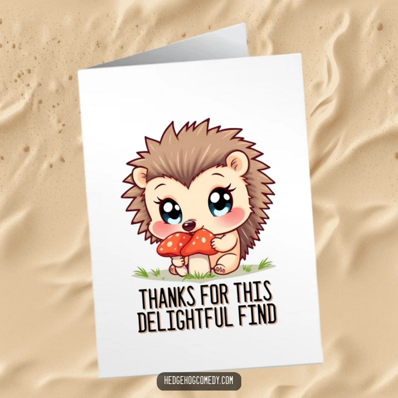 Funny Free Printable Thank You Card: Adorable hedgehog with bright eyes curiously smelling a mushroom.