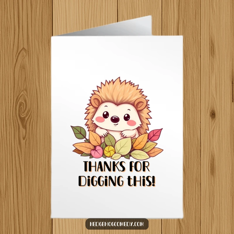 Funny Free Printable Thank You Card: Kawaii hedgehog peeking from leaves with a smile, saying thanks.