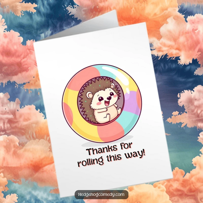 Funny Free Printable Thank You Card: Kawaii hedgehog rolling happily in a big ball, expressing gratitude.
