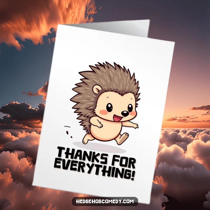 Funny Free Printable Thank You Card: Kawaii hedgehog in a gleeful race, legs a happy blur, conveying thanks.