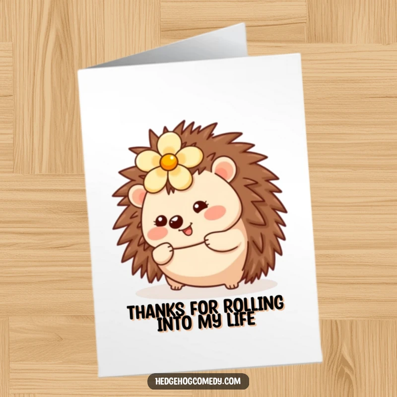 Funny Free Printable thank you card showcasing a kawaii hedgehog rolling with a flower, offering a cheerful way to express gratitude, a delightful downloadable.