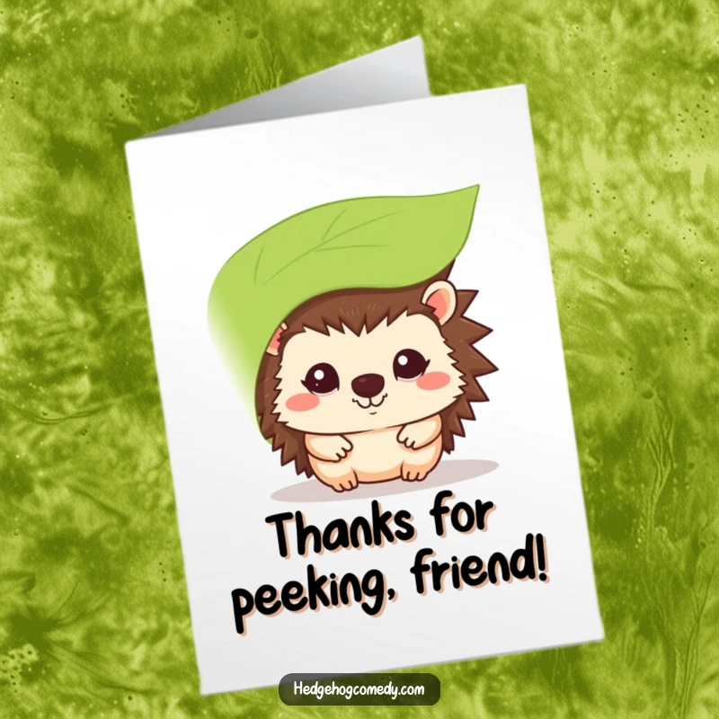 Funny Free Printable Thank You Card: Kawaii hedgehog character with a bashful smile, peeking from behind foliage, conveying heartfelt thanks.