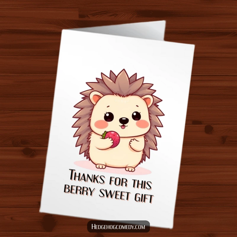 Funny Free Printable thank you card showcasing a kawaii hedgehog shyly offering a tiny berry with a little wave, embodying humble appreciation.