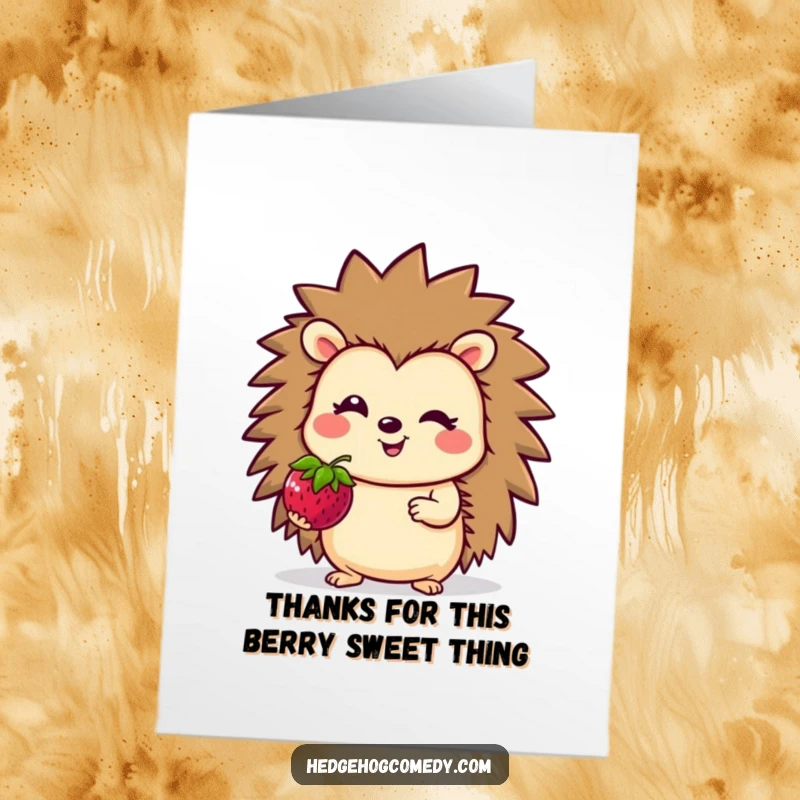 Funny free printable thank you card: A happy hedgehog character presenting a juicy berry with a welcoming smile.