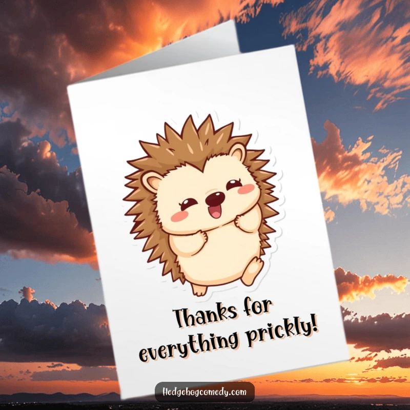 Funny Free Printable Thank You Card: Kawaii hedgehog joyfully unfurling spines, energetic wiggle thank you, perfect gift.