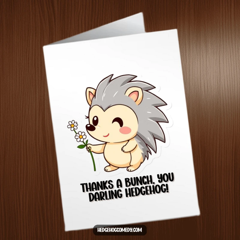 Funny Free Printable Thank You Card featuring a happy hedgehog offering a flower, perfect for expressing heartfelt and humorous thanks.