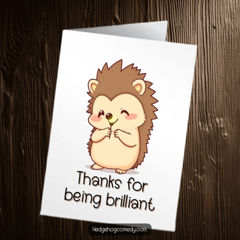 Funny Free Printable Thank You Card: A hedgehog happily holds a softly glowing firefly, offering thanks with gentle, luminous humor.