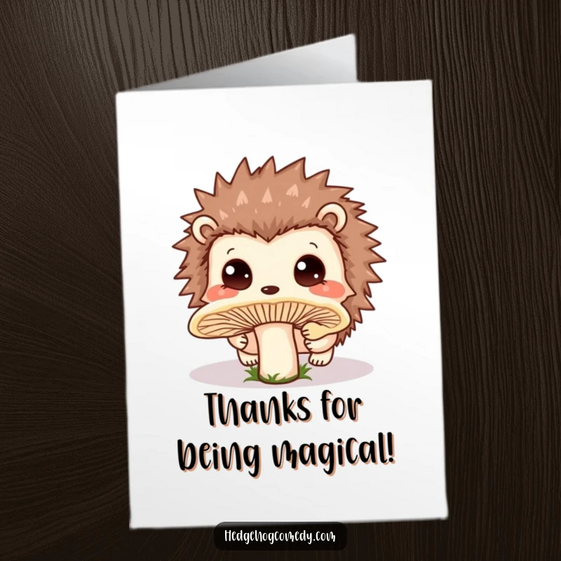 Funny Free Printable Thank You Card: Kawaii hedgehog curiously sniffing a mushroom, expressing gratitude innocently.