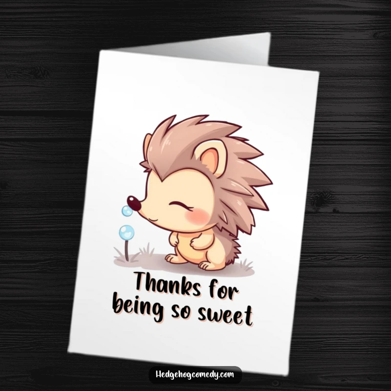 Funny Free Printable Thank You Card: Cute hedgehog curiously observing a sparkling dewdrop, conveying a heartfelt thank you.
