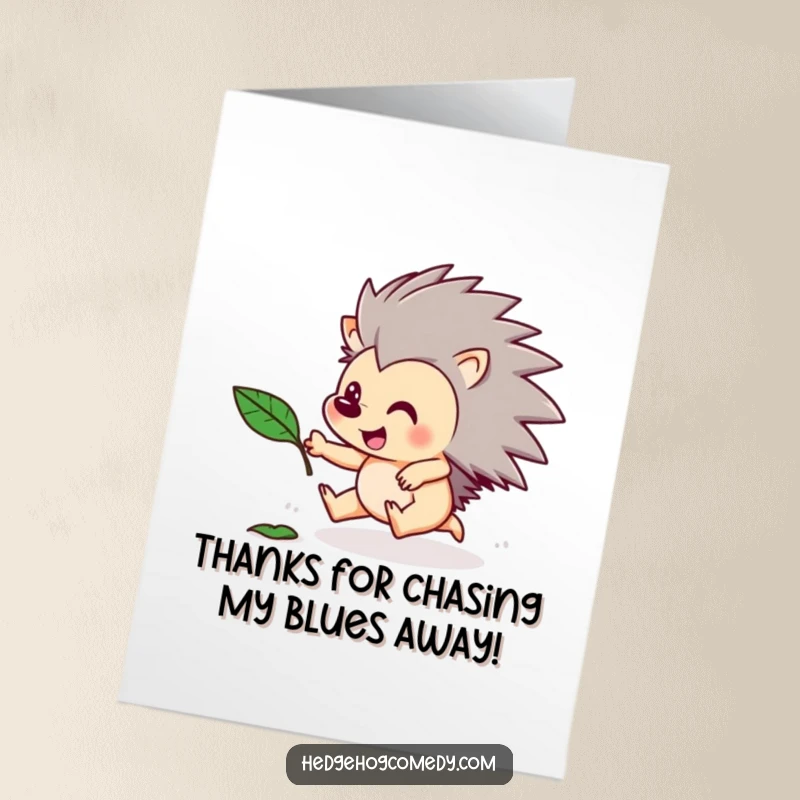 Funny Free Printable Thank You Card depicting a hedgehog enthusiastically chasing a leaf, a symbol of playful gratitude.
