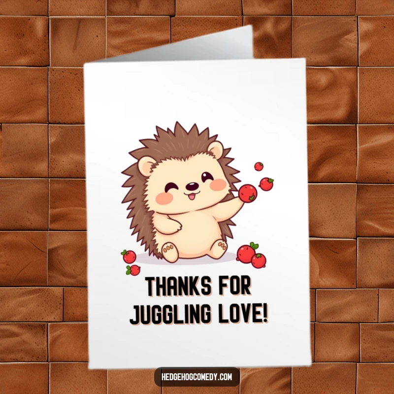 Funny Free Printable Thank You Card: Kawaii hedgehog character juggling small berries, offering thanks with a charming and playful display.