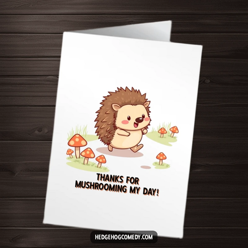 Cute Free Printable Thank You Card featuring a cheerful hedgehog skipping along a path lined with tiny mushrooms, expressing gratitude.
