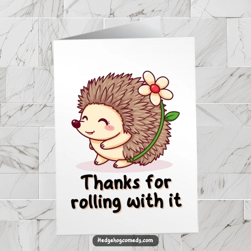 Funny Free Printable Thank You Card: Happy hedgehog rolling with a flower on its back, expressing sweet thanks.