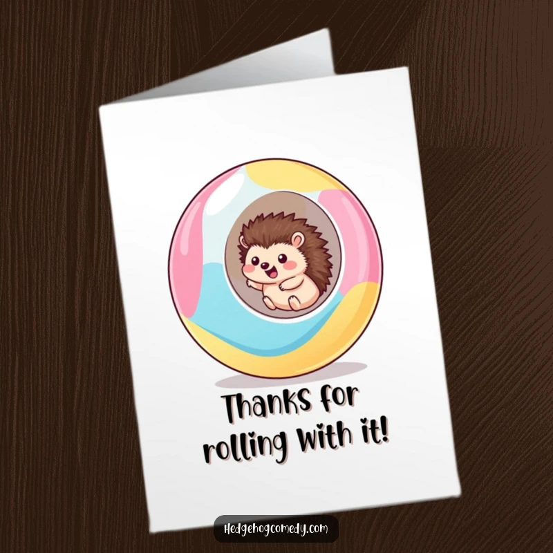 Funny Free Printable Thank You Card: Kawaii hedgehog happily rolls in a ball, sending thanks.