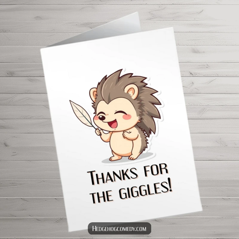 Funny Free Printable Thank You Card: A hedgehog giggles with delight as a feather playfully tickles it, a sweet and funny gesture.