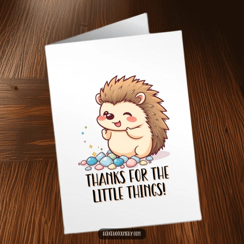 Funny Free Printable Thank You Card: Kawaii hedgehog excitedly showing off tiny, sparkling pebbles with thanks.
