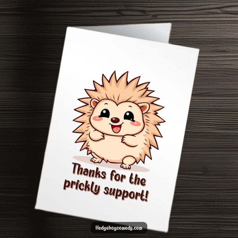 Funny Free Printable Thank You Card: Kawaii hedgehog wiggling playfully and unfurling spines, expressing thanks.