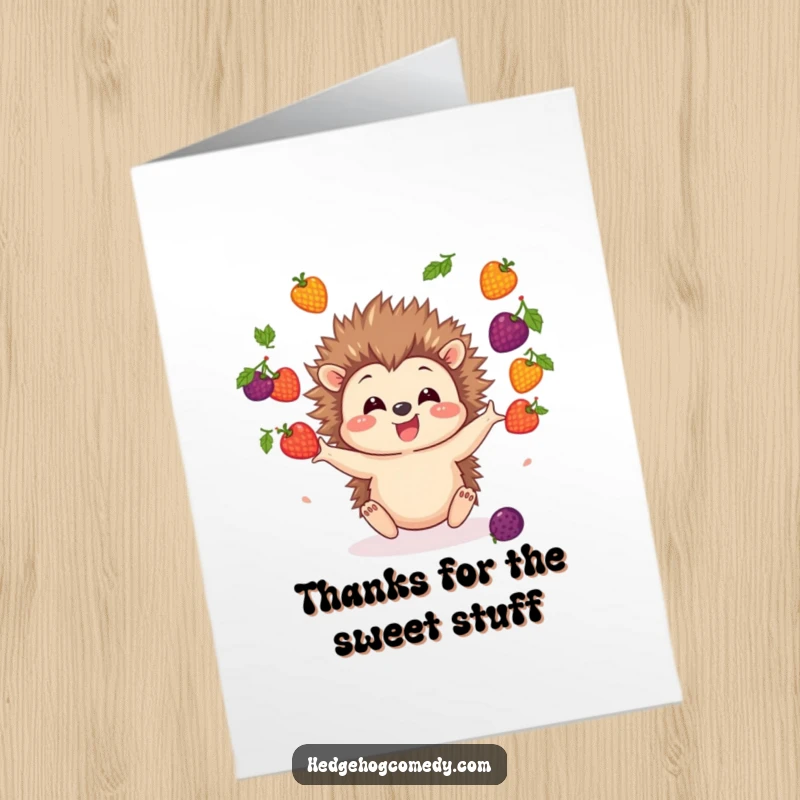 Funny Free Printable Thank You Card: A hedgehog energetically juggling red, blue, and purple berries, expressing gratitude.