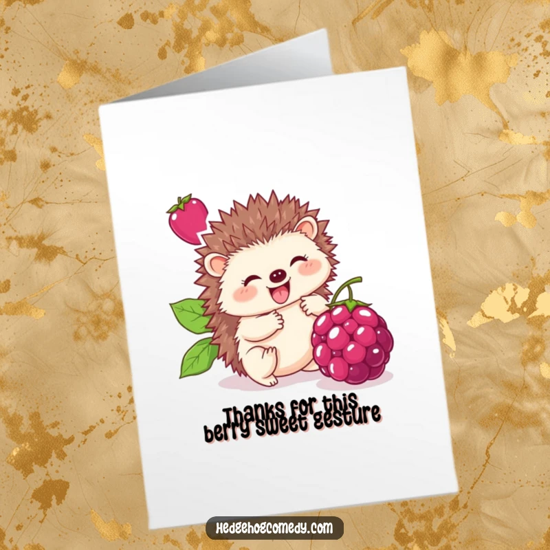 Funny Free Printable Thank You Card: Cute hedgehog rolling a large berry with delight, expressing heartfelt thanks.