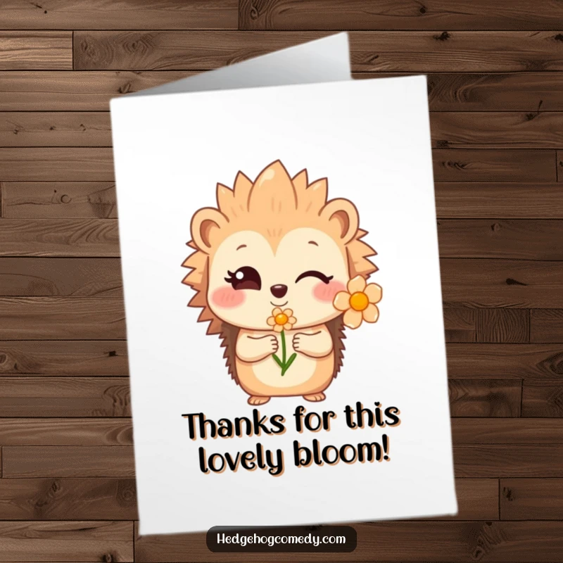 Funny Free Printable Thank You Card: A shy hedgehog winks and offers a flower with a gentle smile, perfect for thanks.