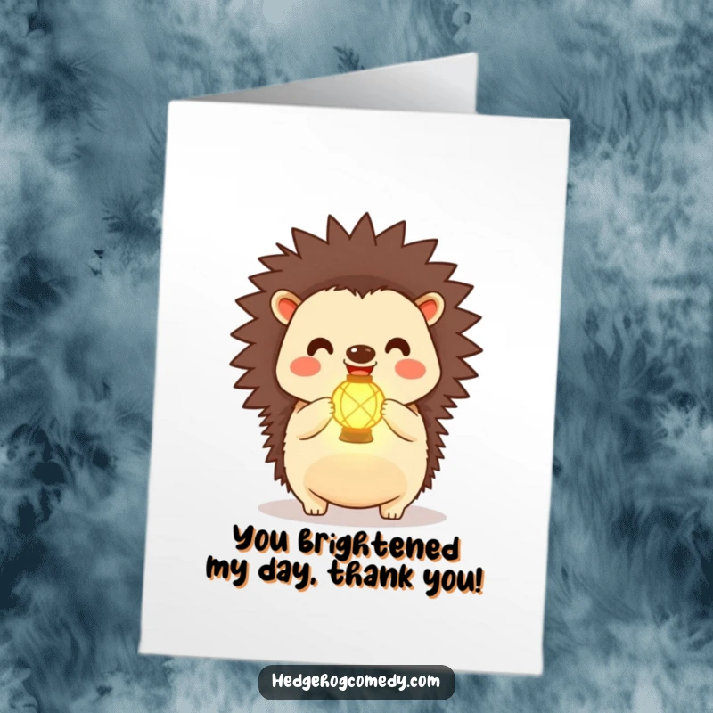 Funny Free Printable Thank You Card: Kawaii hedgehog happily holds a glowing lantern, showing heartfelt thanks.
