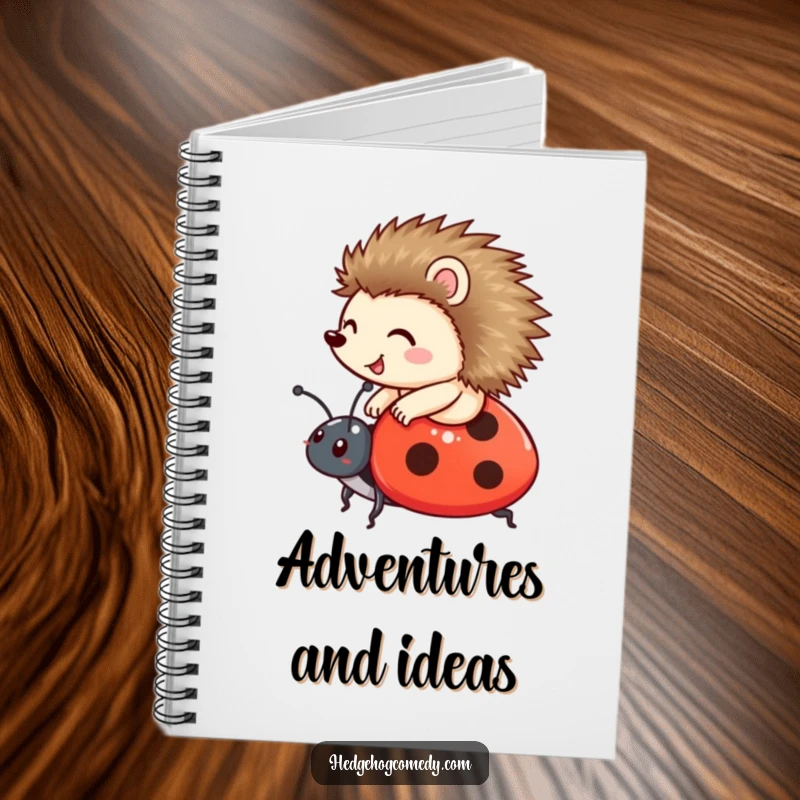 Funny happy hedgehog riding a ladybug on a notebook, perfect for documenting adventures and as a funny gift.