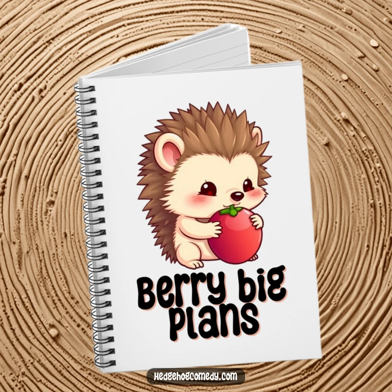 Funny notebook cover with a timid hedgehog holding a large berry under its chin.