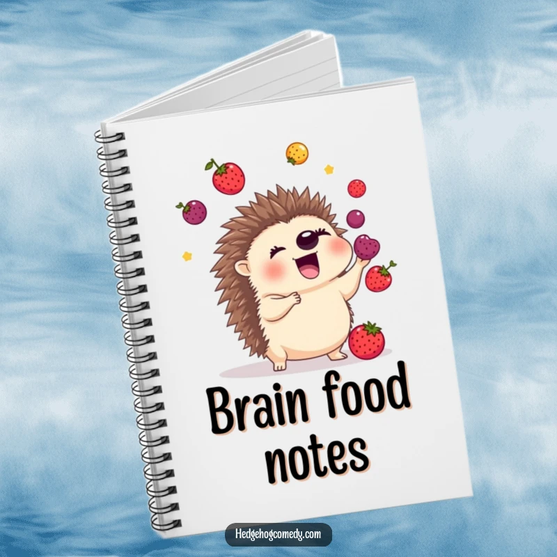 Funny notebook cover featuring an excited hedgehog juggling colorful berries with its quills, inspiring creative thoughts and organized notes.