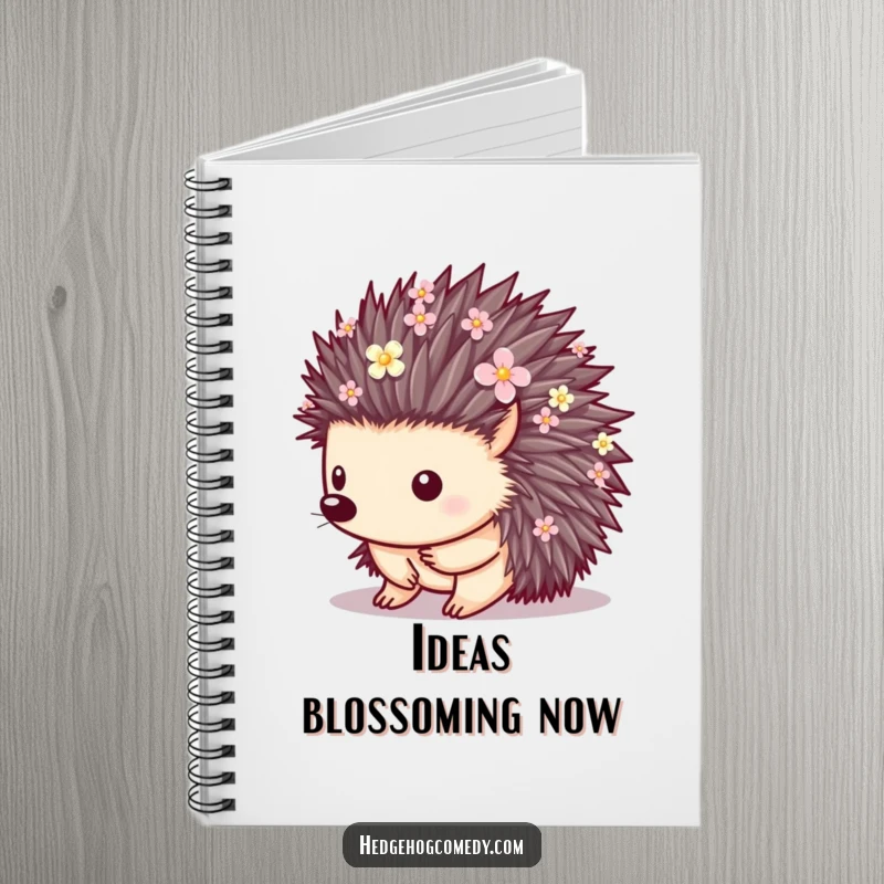 Funny cute notebook with a hedgehog whose quills are decorated with small flowers, ideal for journaling and note-taking.