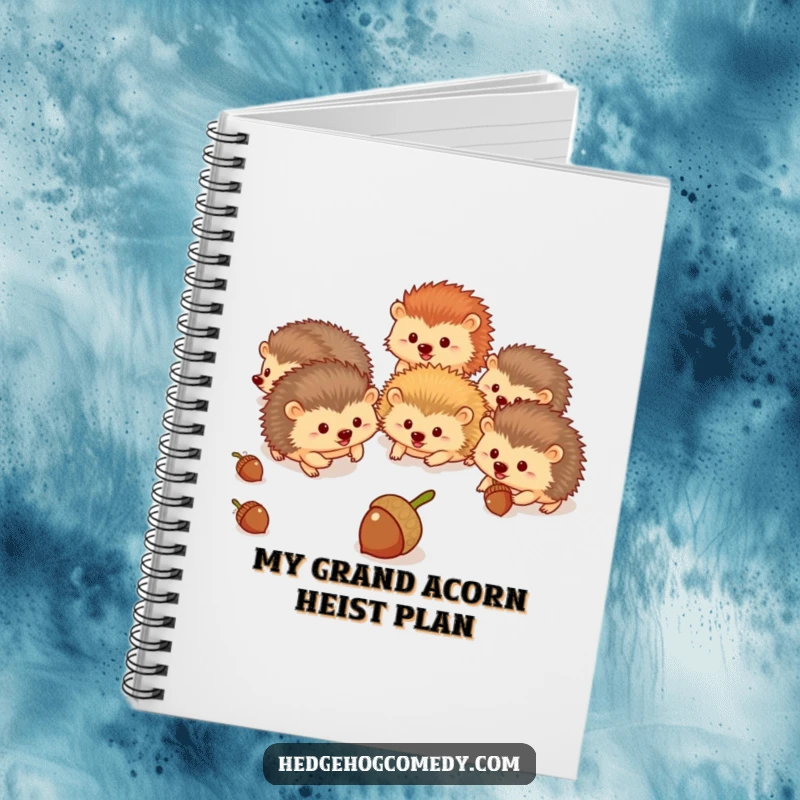 Funny hedgehogs captured in a humorous acorn-chasing illustration on a notebook cover for creative inspiration.