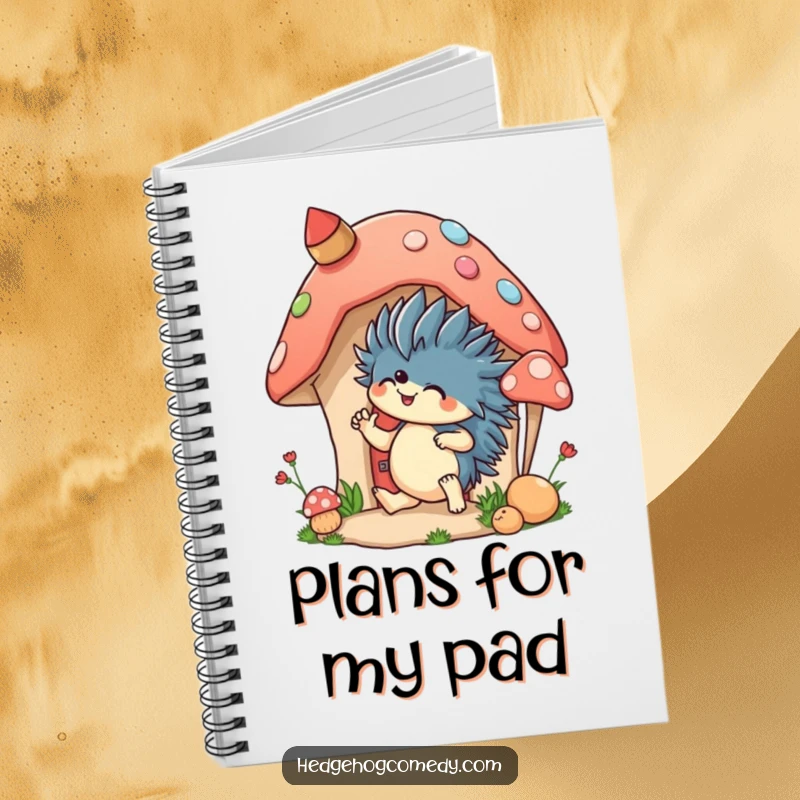 Funny notebook with an excited hedgehog decorating a mushroom house, ideal for planning creative projects and ideas.