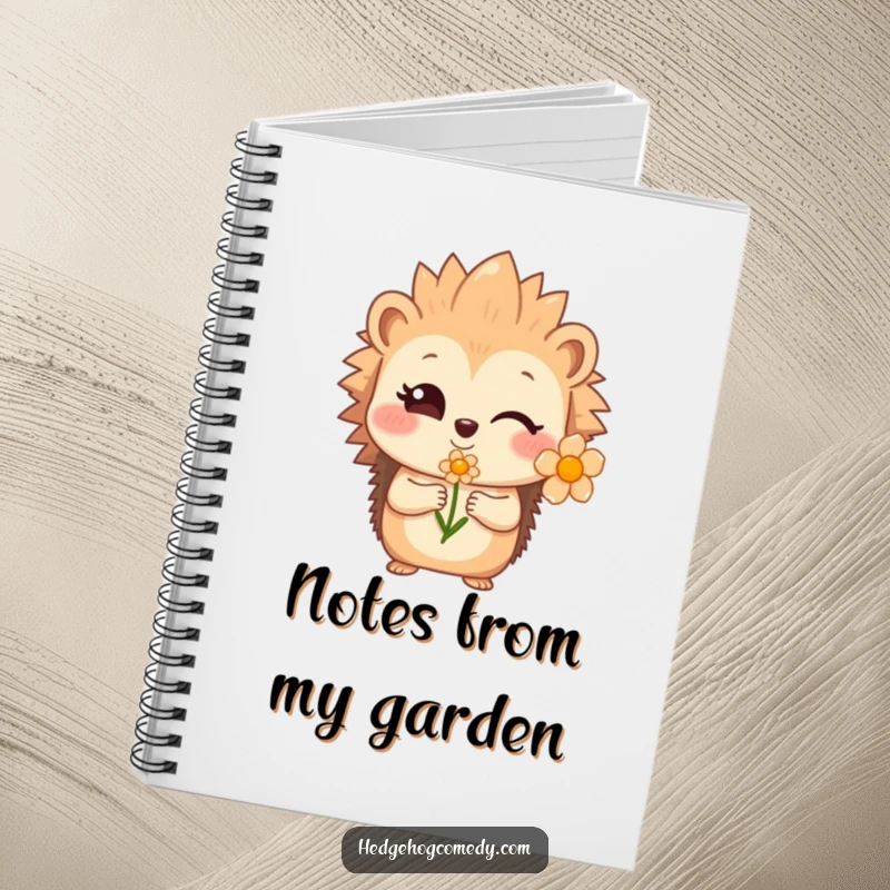 Funny shy hedgehog winking and offering a flower, a notebook for journaling sweet thoughts.