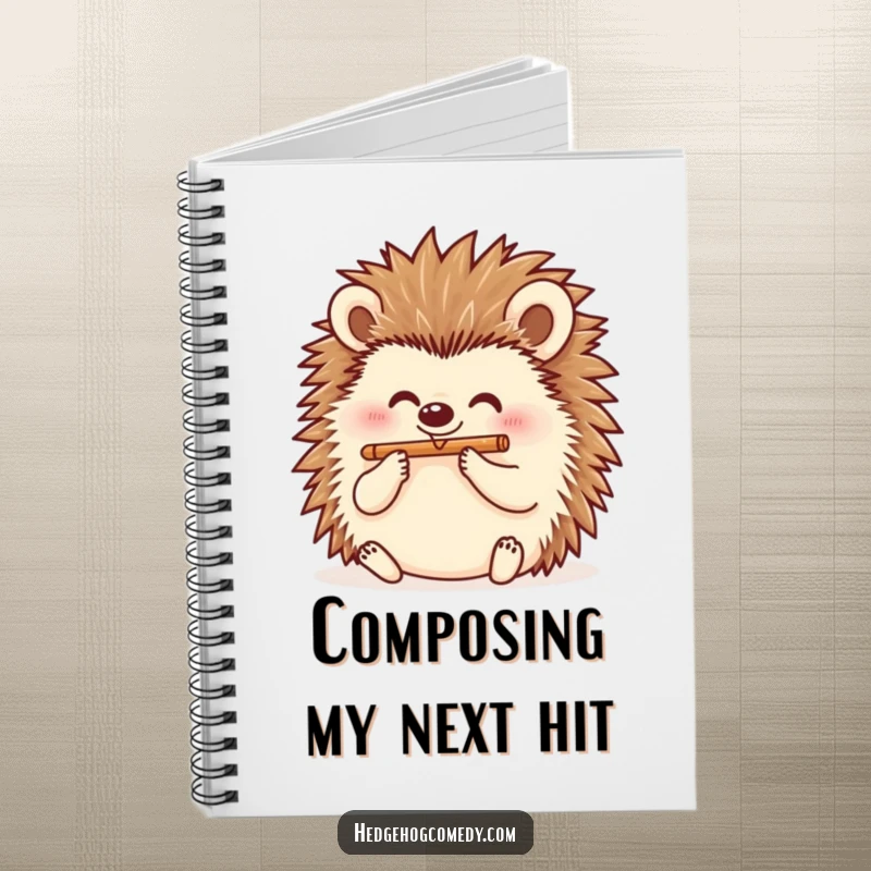 Funny hedgehog playing a flute on a notebook, ideal for jotting down melodies and as a funny gift.
